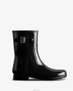 Bota de lluvia refinada y ajustada, corta y brillante T424T178 mujer negro Hunter