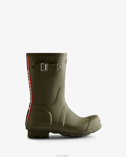 botas de lluvia cortas con logo tricolor en la parte posterior T424T559 hombres liquen verde Hunter