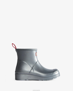 jugar botas de lluvia cortas con brillo cósmico T424T10 mujer plata Hunter